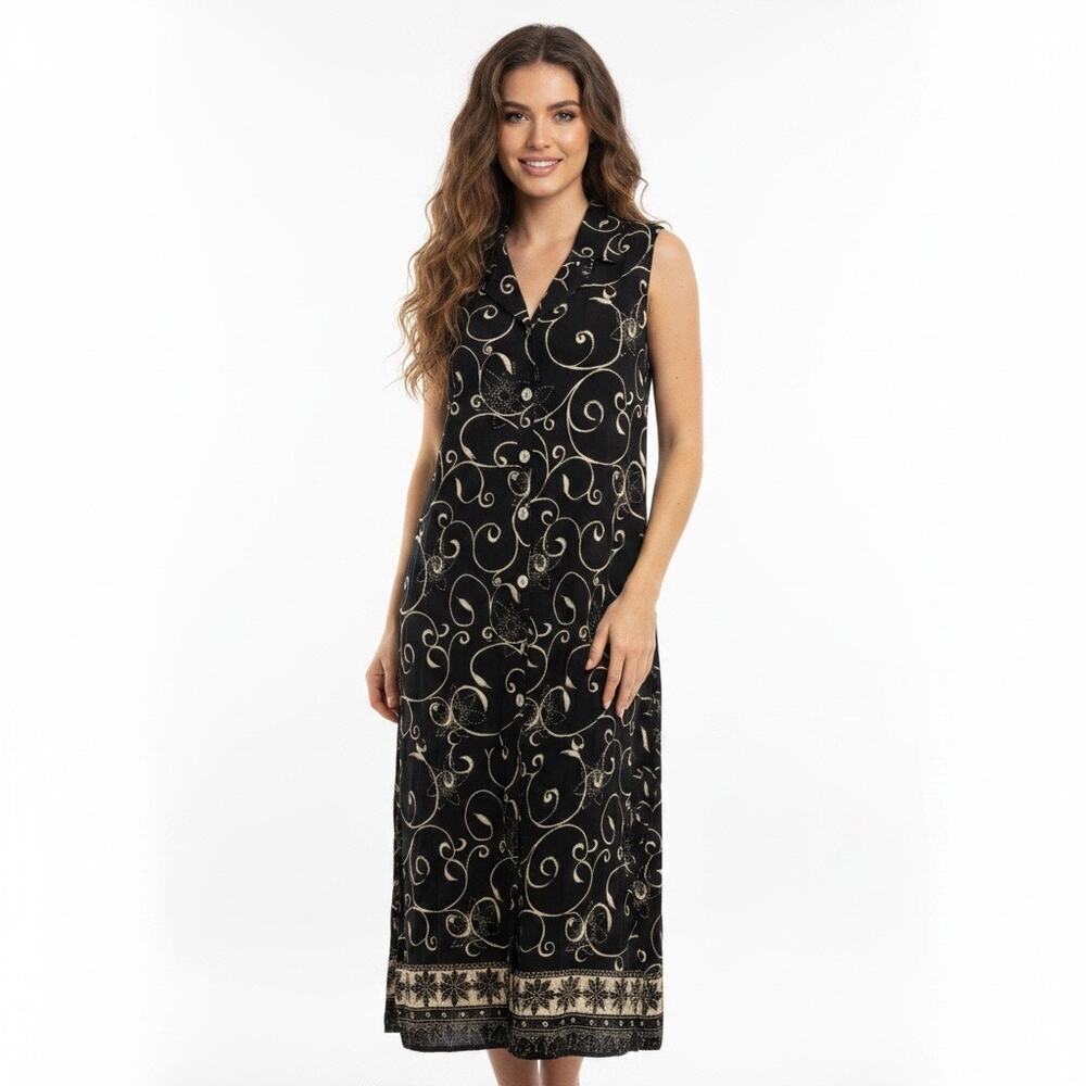 NWT Vintage More Jazz Maxi Dress 16 Abstract Black Cream Lightweight Statement